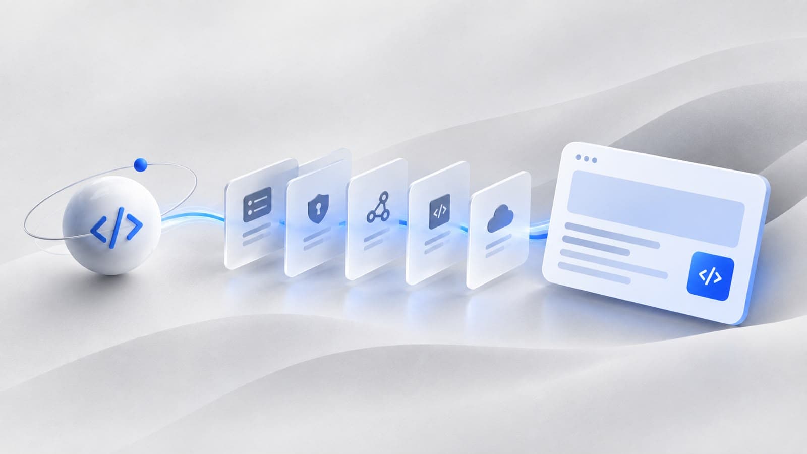 API architecture showing connected services, developers, authentication, documentation, data exchange, and reliable integrations